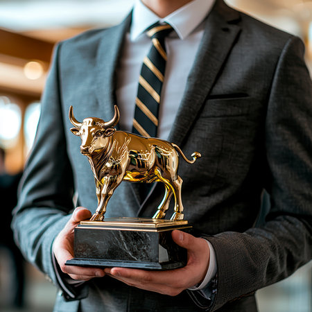Concept illustration of a financial broker in a suit holds a golden bull statuette for the best performance in the market.の素材