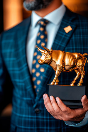 Concept illustration of a financial broker in a suit holds a golden bull statuette for the best performance in the market.の素材