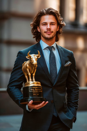 Concept illustration of a financial broker in a suit holds a golden bull statuette for the best performance in the market.の素材