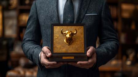 Concept illustration of a financial broker in a suit holds a golden bull statuette for the best performance in the market.の素材