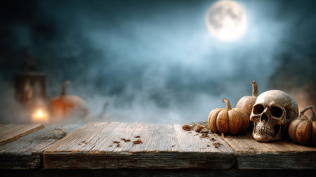 Scary skeleton with pumpkins and wooden sign in the moonlight.の素材