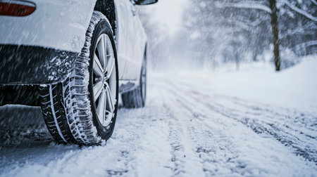 Concept illustration of close-up of the wheels of a car with winter tires on a snowy road in the forestの素材
