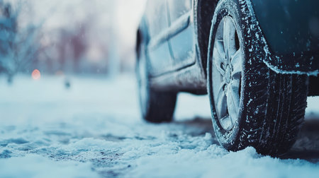 Concept illustration of close-up of the wheels of a car with winter tires on a snowy road in the forestの素材