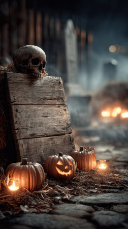 Scary skeleton with pumpkins and wooden sign in the moonlight.の素材