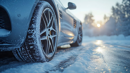 Concept illustration of close-up of the wheels of a car with winter tires on a snowy road in the forestの素材