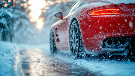 Concept illustration of close-up of the wheels of a car with winter tires on a snowy road in the forestの素材