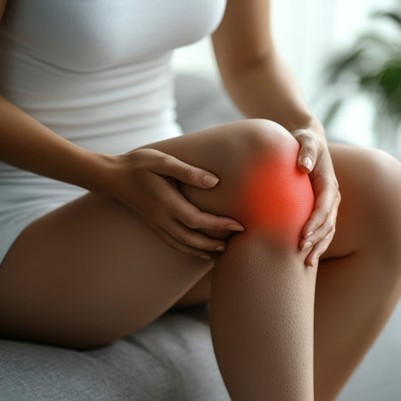 Concept illustration of a young woman holds onto her sore knee while sitting on the couch. The red areas indicate injury.の素材