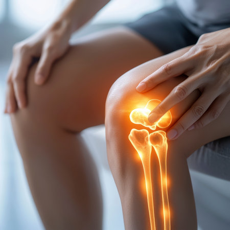Concept illustration of close-up of a sore knee, a woman holding it with her hands, the skeletal structure is visible.の素材