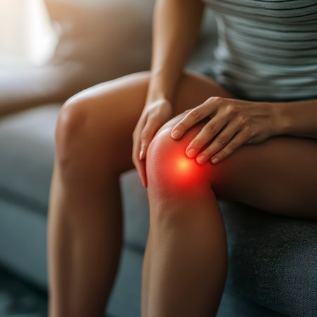 Concept illustration of a young woman holds onto her sore knee while sitting on the couch. The red areas indicate injury.の素材