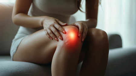 Concept illustration of a young woman holds onto her sore knee while sitting on the couch. The red areas indicate injury.の素材