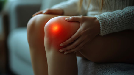 Concept illustration of a young woman holds onto her sore knee while sitting on the couch. The red areas indicate injury.の素材