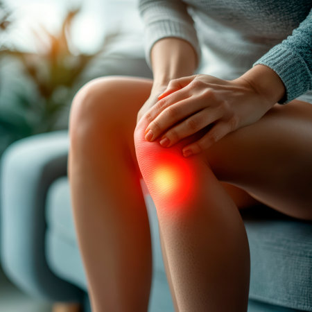 Concept illustration of a young woman holds onto her sore knee while sitting on the couch. The red areas indicate injury.の素材