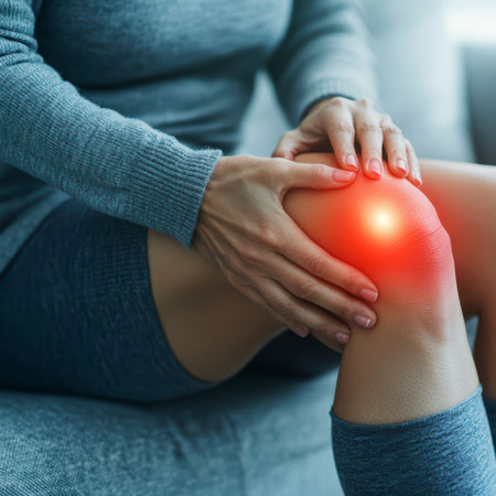 Concept illustration of a young woman holds onto her sore knee while sitting on the couch. The red areas indicate injury.の素材