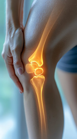 Concept illustration of close-up of a sore knee, a woman holding it with her hands, the skeletal structure is visible.の素材
