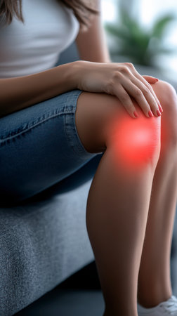 Concept illustration of a young woman holds onto her sore knee while sitting on the couch. The red areas indicate injury.の素材
