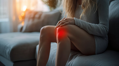 Concept illustration of a young woman holds onto her sore knee while sitting on the couch. The red areas indicate injury.の素材