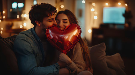Concept illustration of a young couple in love holds a heart-shaped balloon and covers themselves with it during a kiss.の素材