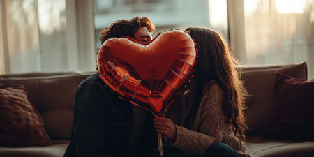 Concept illustration of a young couple in love holds a heart-shaped balloon and covers themselves with it during a kiss.の素材