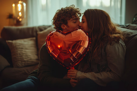 Concept illustration of a young couple in love holds a heart-shaped balloon and covers themselves with it during a kiss.の素材