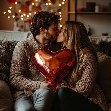 Concept illustration of a young couple in love holds a heart-shaped balloon and covers themselves with it during a kiss.の素材