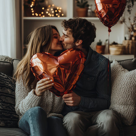 Concept illustration of a young couple in love holds a heart-shaped balloon and covers themselves with it during a kiss.の素材