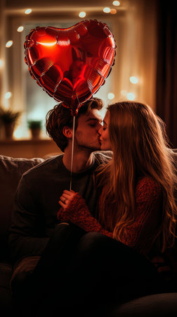 Concept illustration of a young couple in love holds a heart-shaped balloon and covers themselves with it during a kiss.の素材