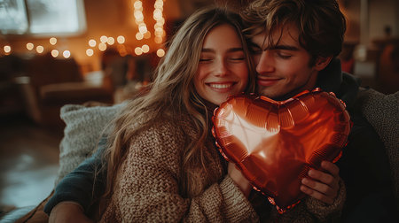 Concept illustration of a young couple in love holds a heart-shaped balloon and covers themselves with it during a kiss.の素材