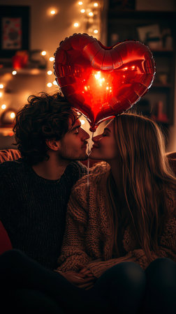 Concept illustration of a young couple in love holds a heart-shaped balloon and covers themselves with it during a kiss.の素材