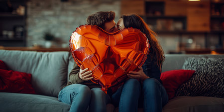 Concept illustration of a young couple in love holds a heart-shaped balloon and covers themselves with it during a kiss.の素材