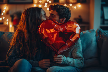Concept illustration of a young couple in love holds a heart-shaped balloon and covers themselves with it during a kiss.の素材