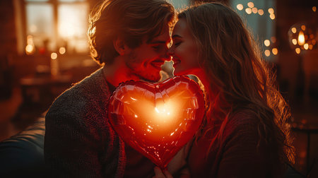 Concept illustration of a young couple in love holds a heart-shaped balloon and covers themselves with it during a kiss.の素材
