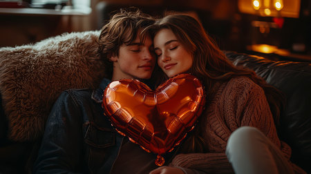 Concept illustration of a young couple in love holds a heart-shaped balloon and covers themselves with it during a kiss.の素材