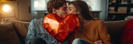 Concept illustration of a young couple in love holds a heart-shaped balloon and covers themselves with it during a kiss.の素材