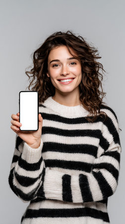 Smiling woman holding smartphone with blank screen. Mockup for application presentation.の素材