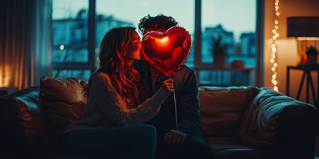 Concept illustration of a young couple in love holds a heart-shaped balloon and covers themselves with it during a kiss.の素材