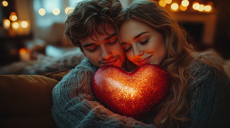 Concept illustration of a young couple in love holds a heart-shaped balloon and covers themselves with it during a kiss.の素材