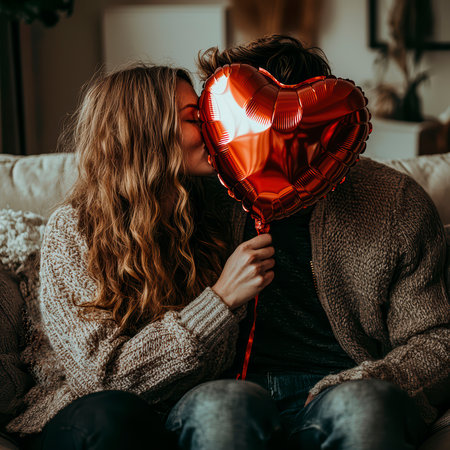 Concept illustration of a young couple in love holds a heart-shaped balloon and covers themselves with it during a kiss.の素材