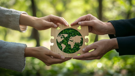 Hands holding a wooden puzzle with the symbol of the Earth. The concept of environmental protection and ecology.の素材