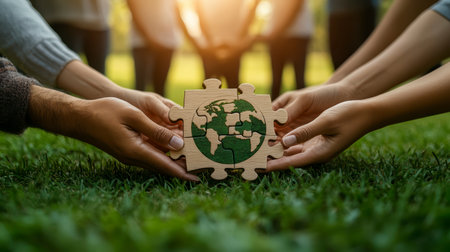 Hands holding a wooden puzzle with the symbol of the Earth. The concept of environmental protection and ecology.の素材