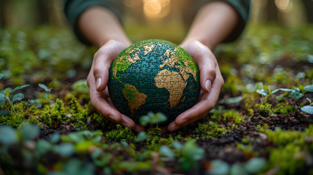 Hands holding a wooden puzzle with the symbol of the Earth. The concept of environmental protection and ecology.の素材