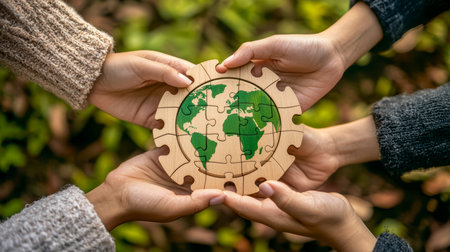 Hands holding a wooden puzzle with the symbol of the Earth. The concept of environmental protection and ecology.の素材