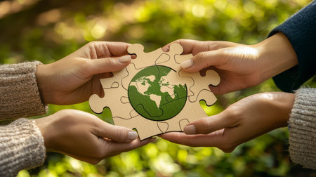 Hands holding a wooden puzzle with the symbol of the Earth. The concept of environmental protection and ecology.の素材