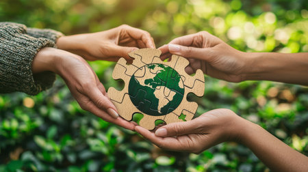 Hands holding a wooden puzzle with the symbol of the Earth. The concept of environmental protection and ecology.の素材
