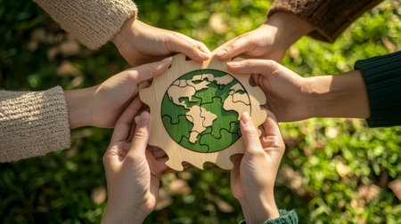 Hands holding a wooden puzzle with the symbol of the Earth. The concept of environmental protection and ecology.の素材