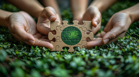 Hands holding a wooden puzzle with the symbol of the Earth. The concept of environmental protection and ecology.の素材