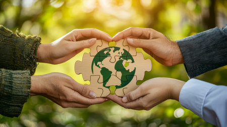 Hands holding a wooden puzzle with the symbol of the Earth. The concept of environmental protection and ecology.の素材