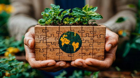 Hands holding a wooden puzzle with the symbol of the Earth. The concept of environmental protection and ecology.の素材