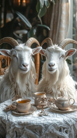 Two white goats are drinking tea at a table in a cozy atmosphere. The tea party scene.の素材