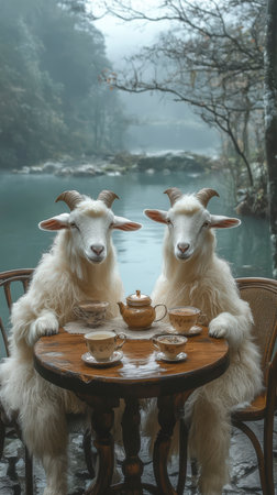 Two white goats are drinking tea at a table in a cozy atmosphere. The tea party scene.の素材