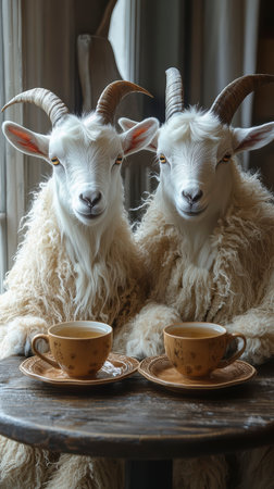 Two white goats are drinking tea at a table in a cozy atmosphere. The tea party scene.の素材